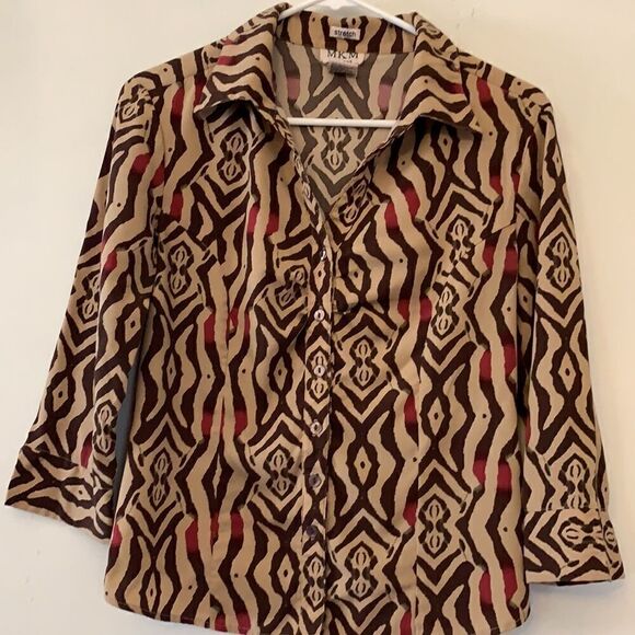 MKM Designs long sleeve tribal print blouse. Collar. V neck. Size S Length 22” - Picture 2 of 6